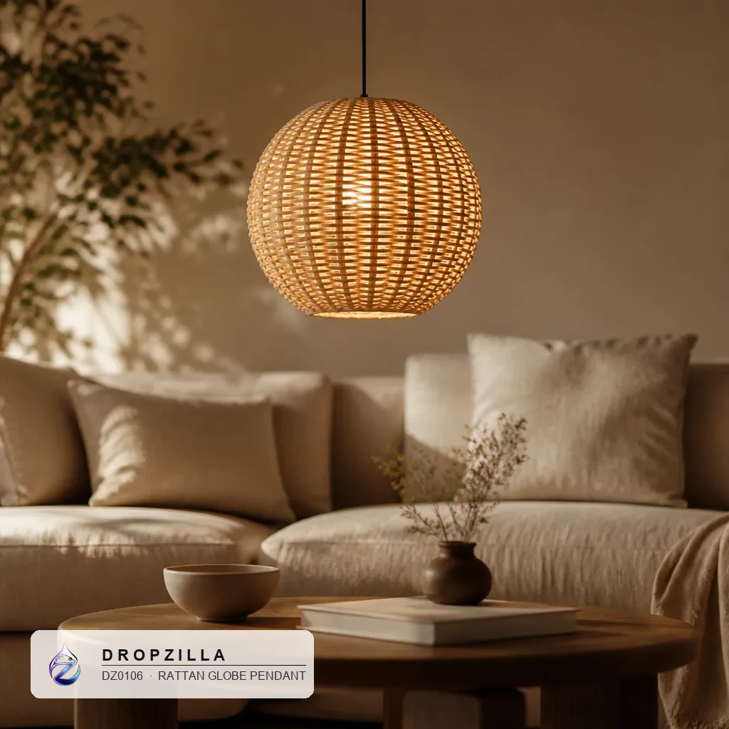A rattan globe pendant glowing in a styled living room