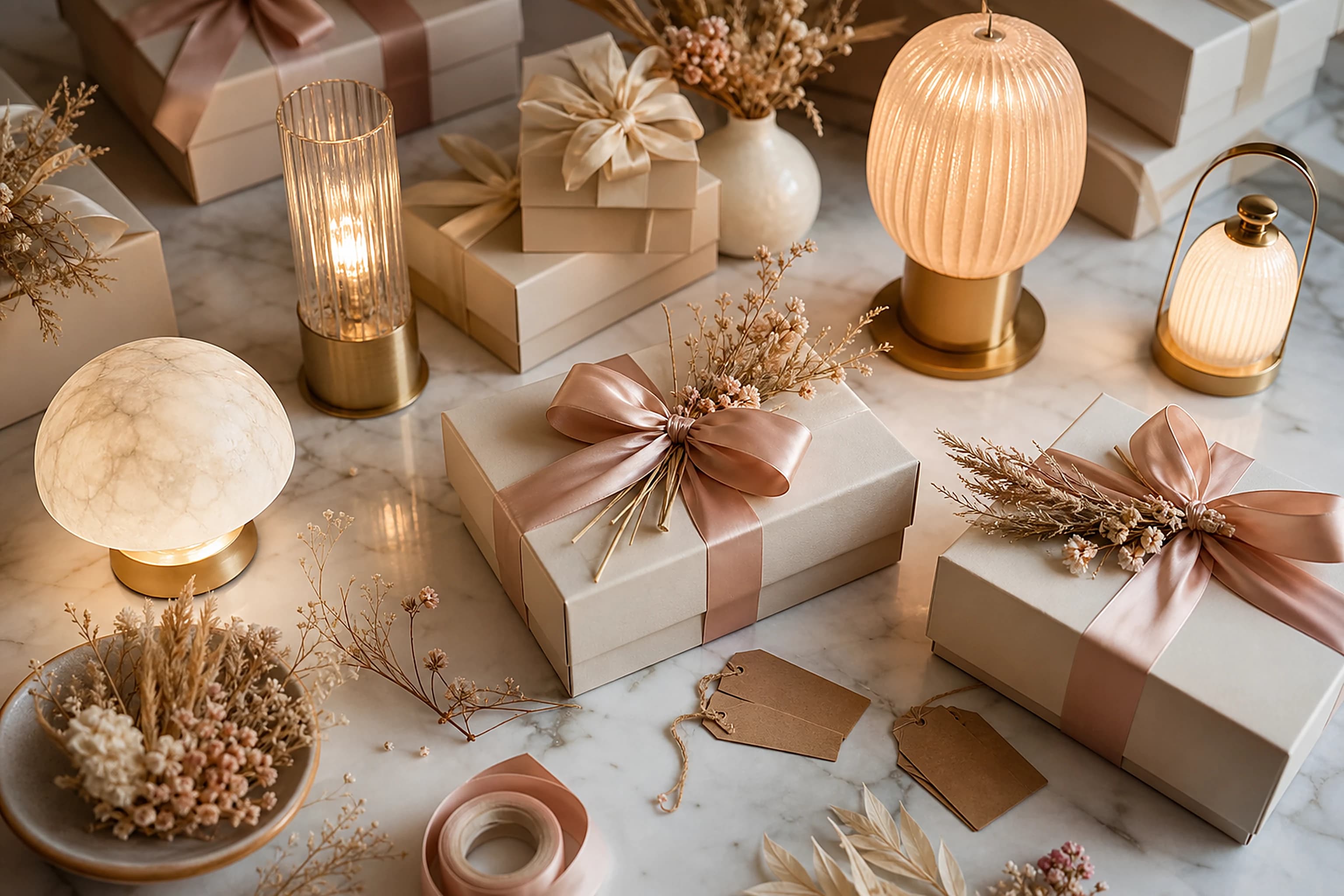 Elegant lamp gift boxes arranged for corporate gifting
