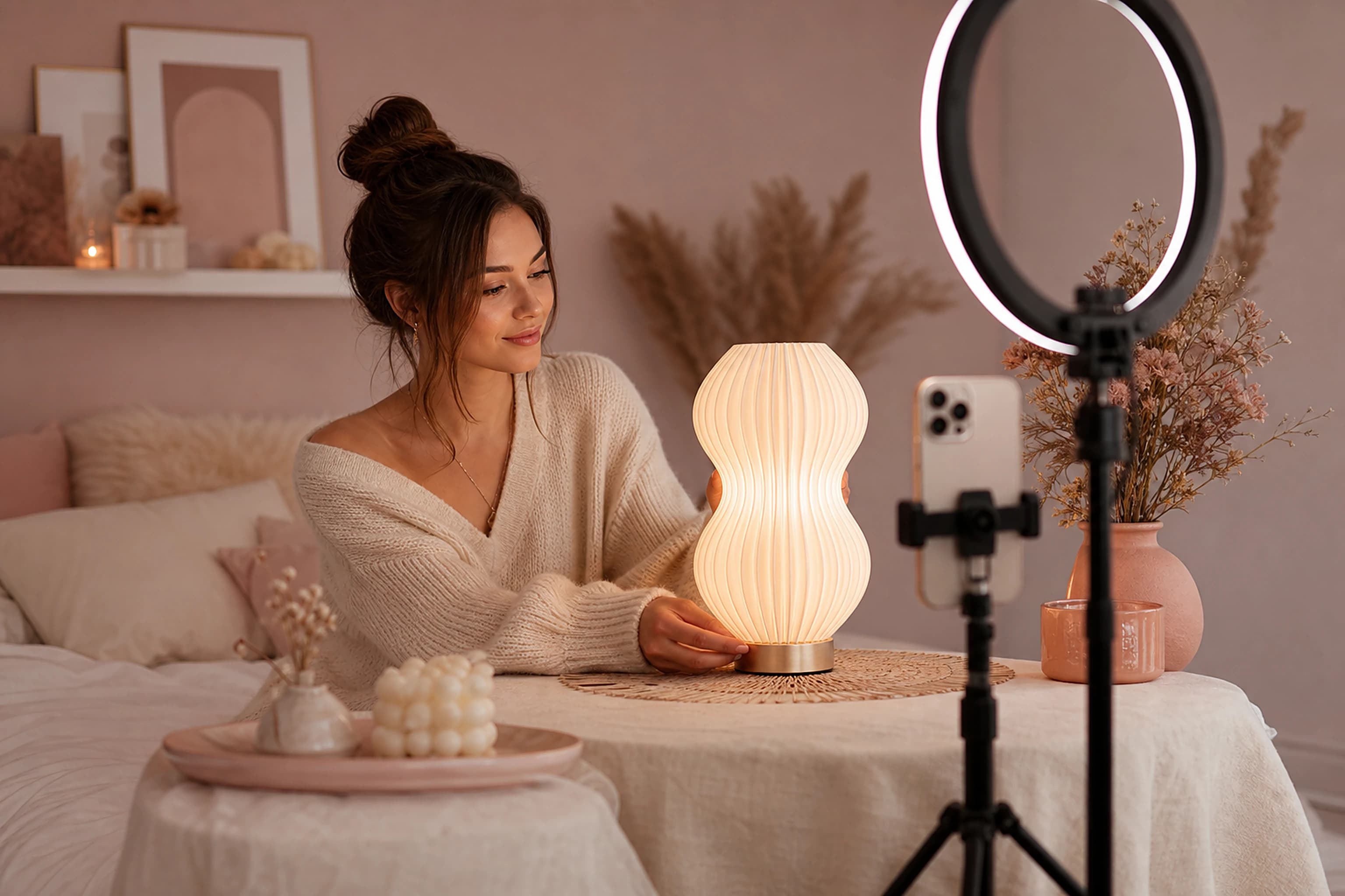 A creator styling and filming a glowing aesthetic lamp
