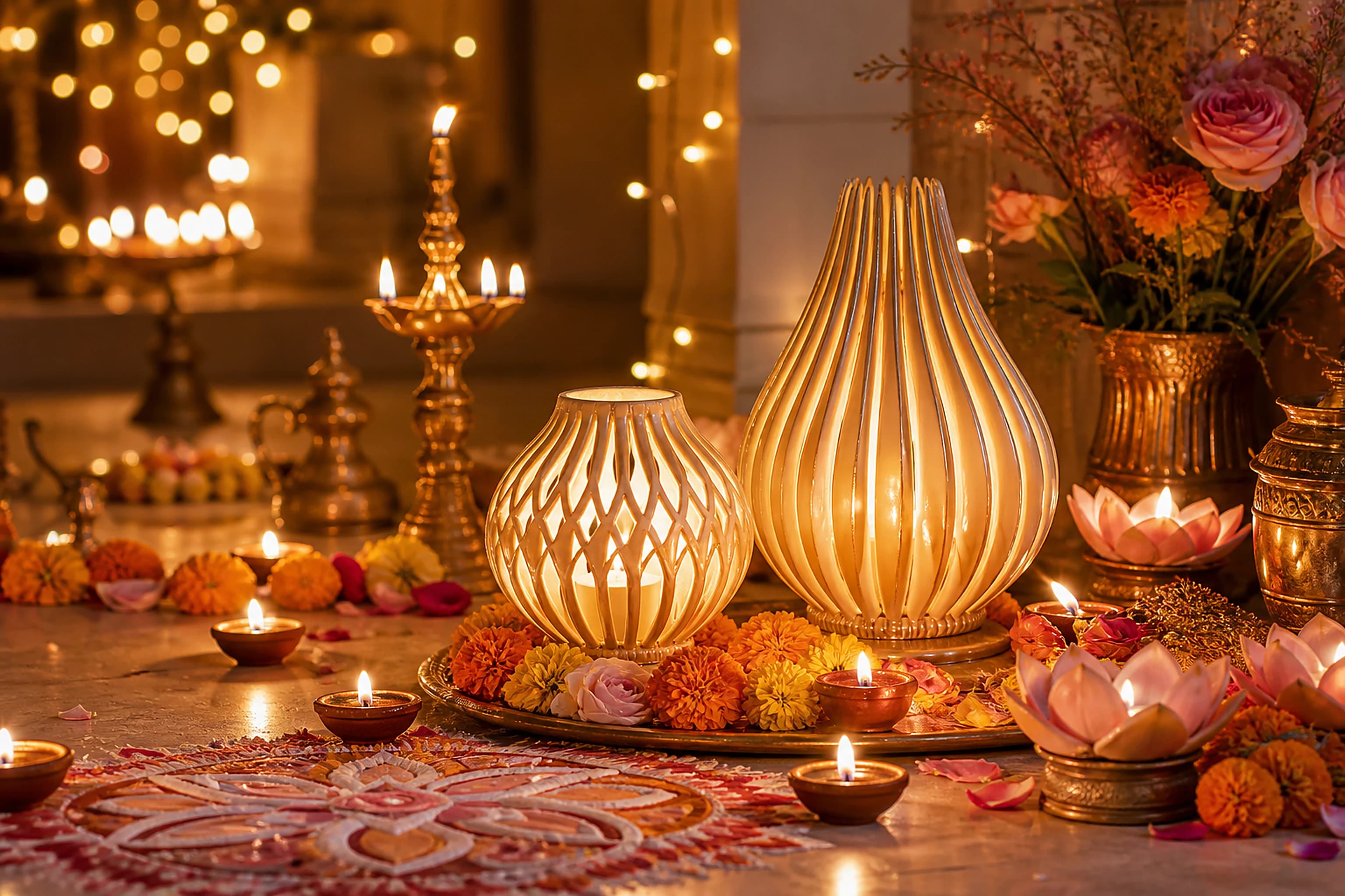 Aesthetic lamps glowing among diyas and marigolds for Diwali