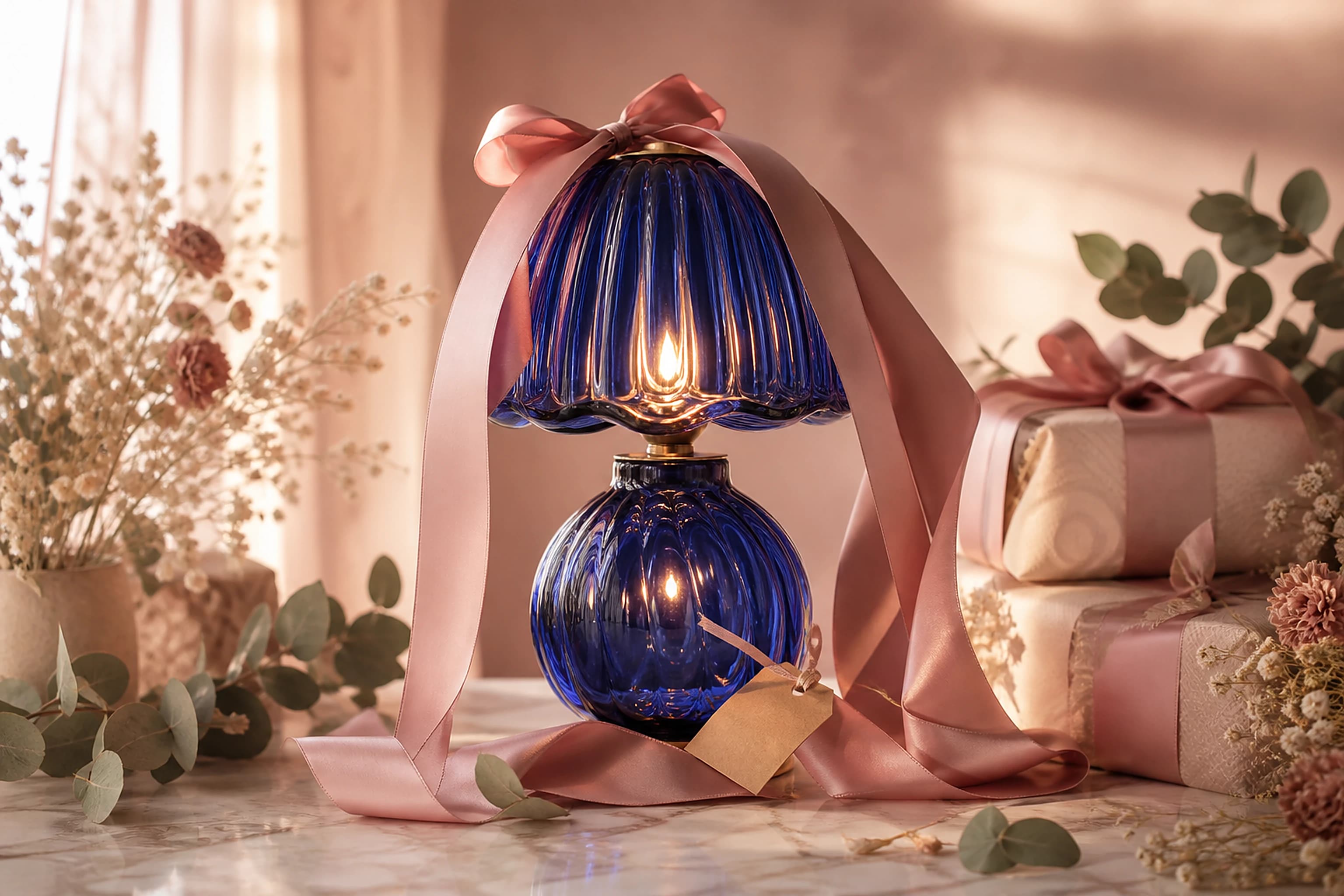 A cobalt glass lamp wrapped as a gift with a blush satin ribbon