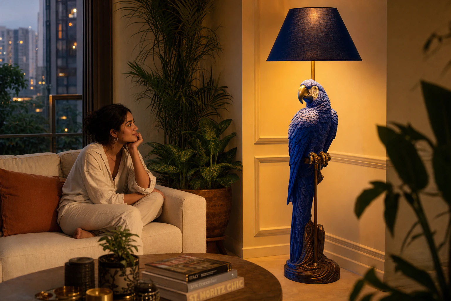 A cobalt macaw floor lamp glowing in a cozy styled living room