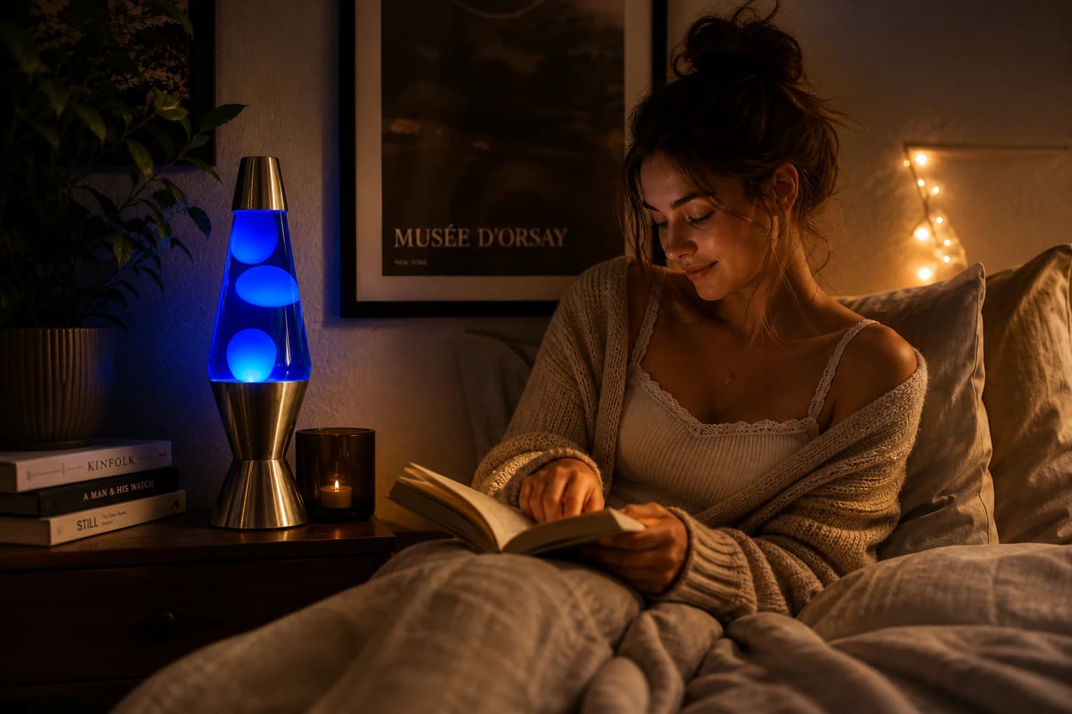 A glowing aesthetic mood lamp in a cosy room