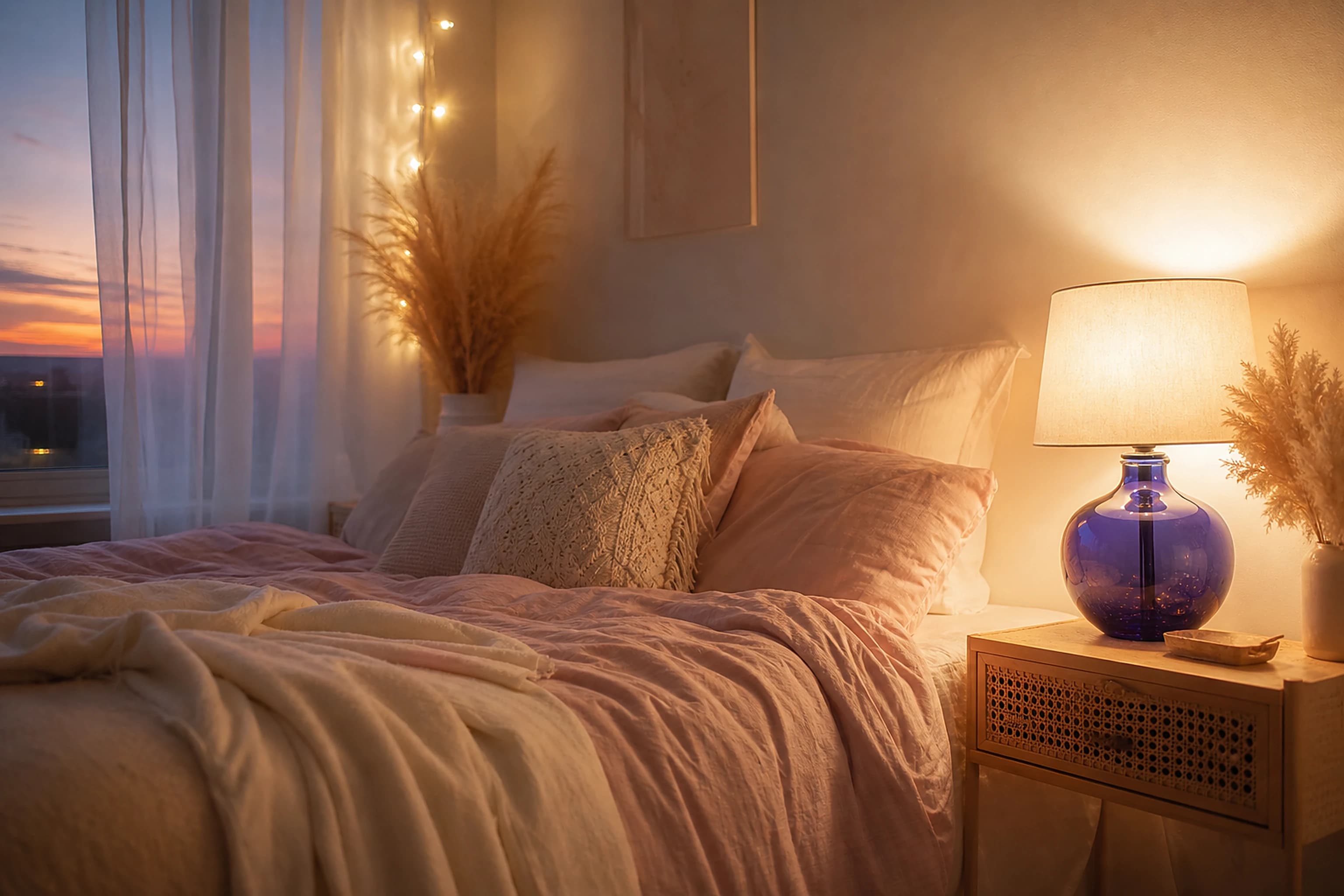 A cosy aesthetic bedroom glowing at dusk