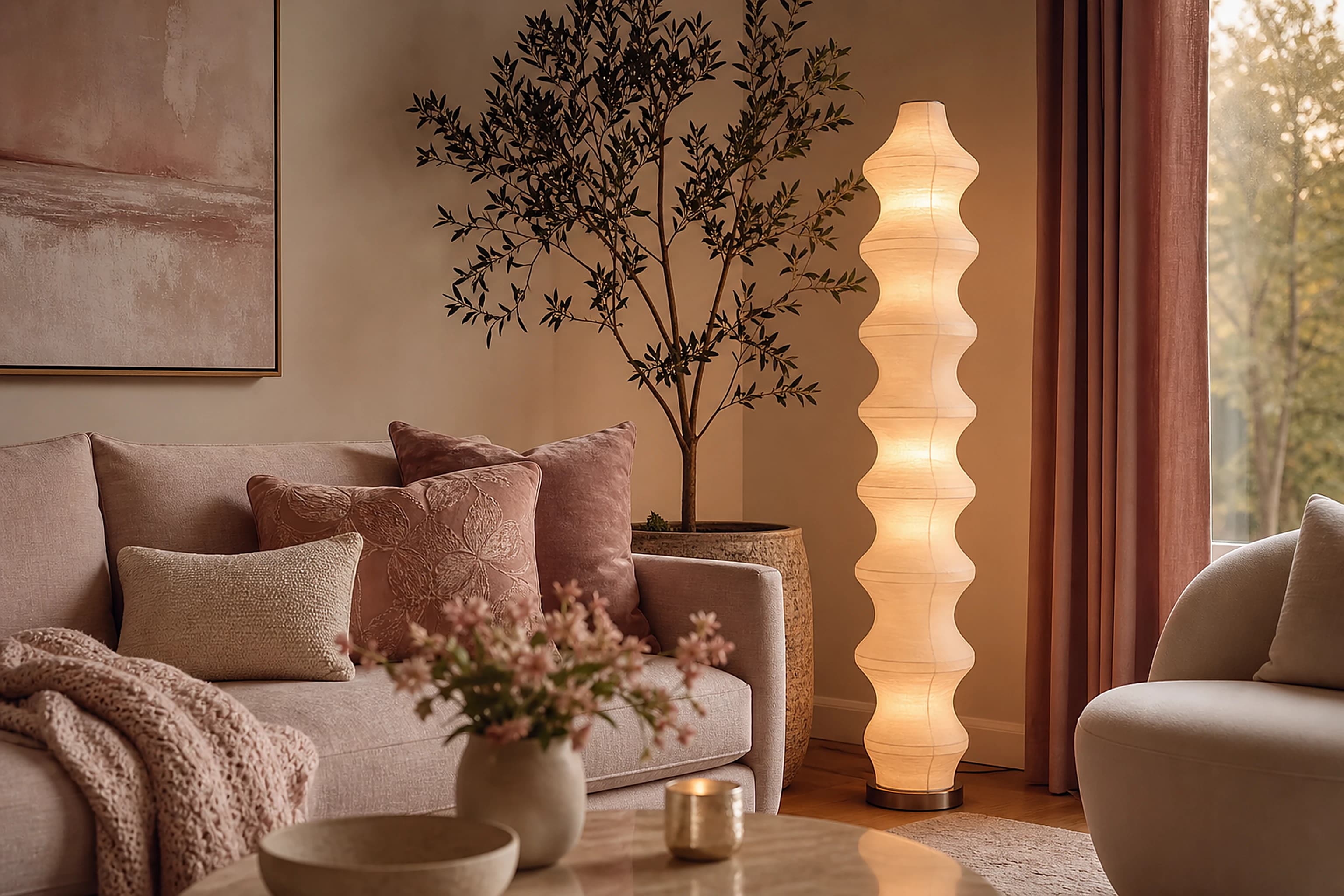 A statement floor lamp glowing in a cosy living room