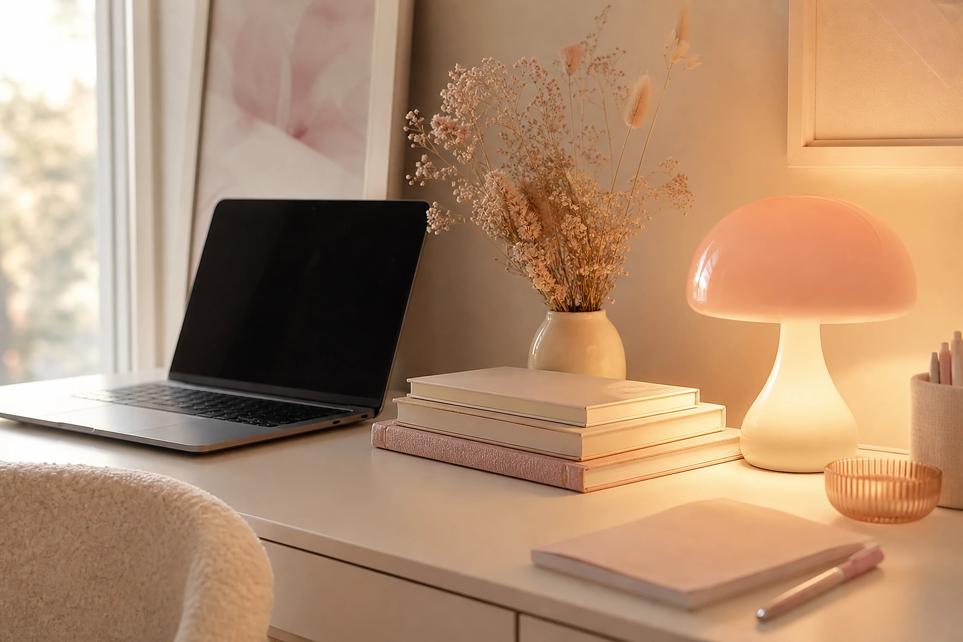 An aesthetic lamp glowing on a styled desk