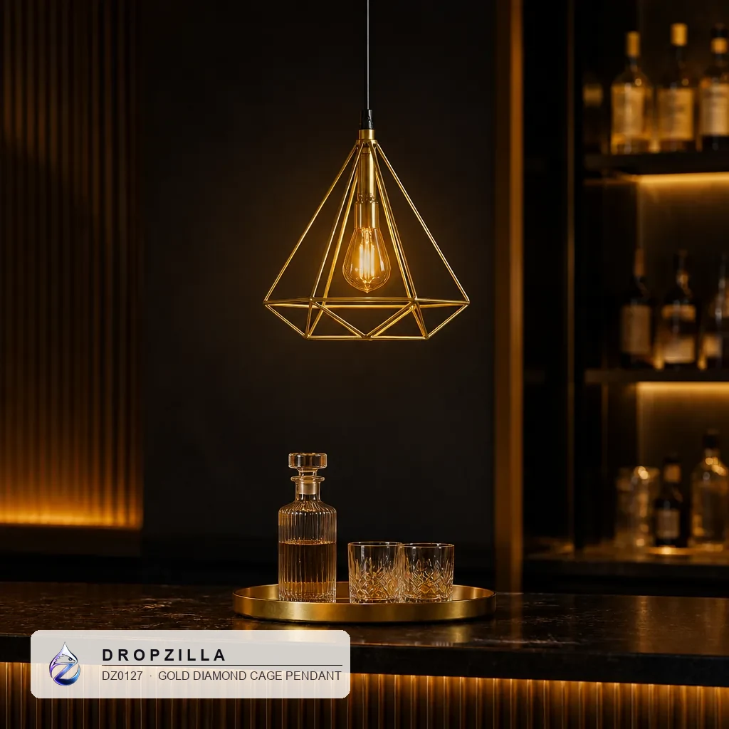 Gold diamond cage pendant glowing over a bar