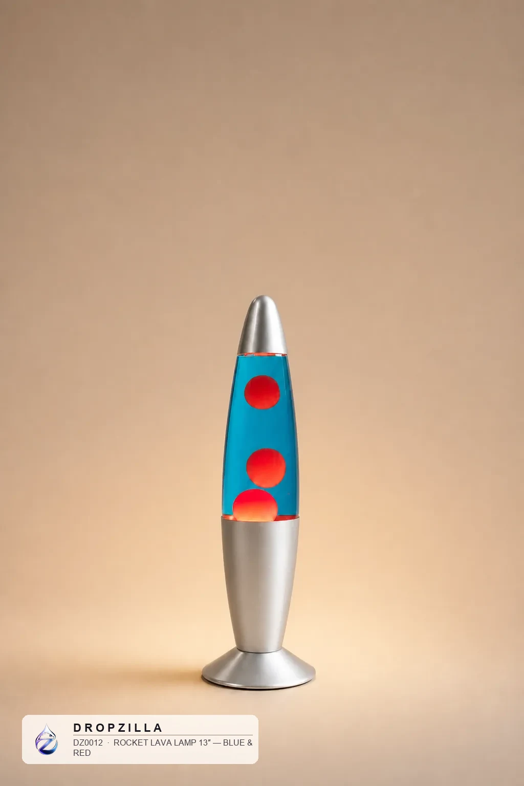 Rocket Lava Lamp 13″ — Blue & Red — Lava Lamps — Metal base + glass · wax motion — Dropzilla