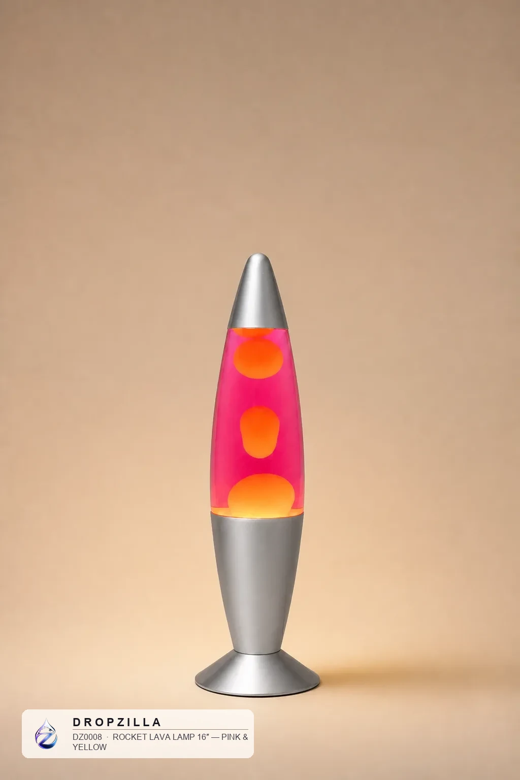 Rocket Lava Lamp 16″ — Pink & Yellow — Lava Lamps — Metal base + glass · wax motion — Dropzilla
