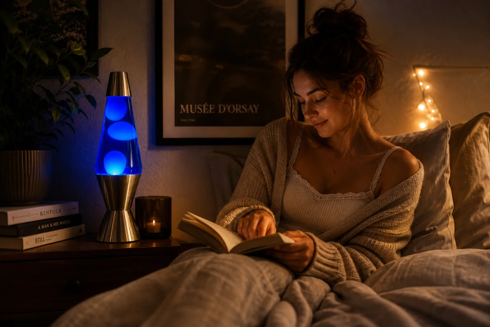A cozy bedroom glowing softly at dusk