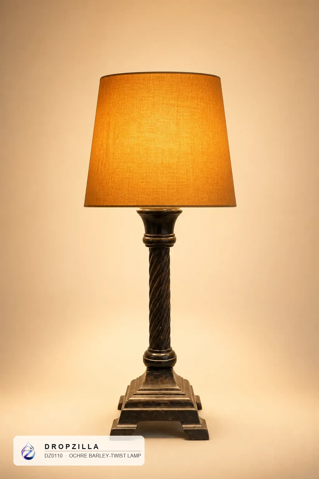 Ochre Barley-Twist Lamp — Table & Floor Lamps — Antique brass barley-twist column, square footed (aluminium & brass, golden coating), plus a fabric drum shade — Dropzilla