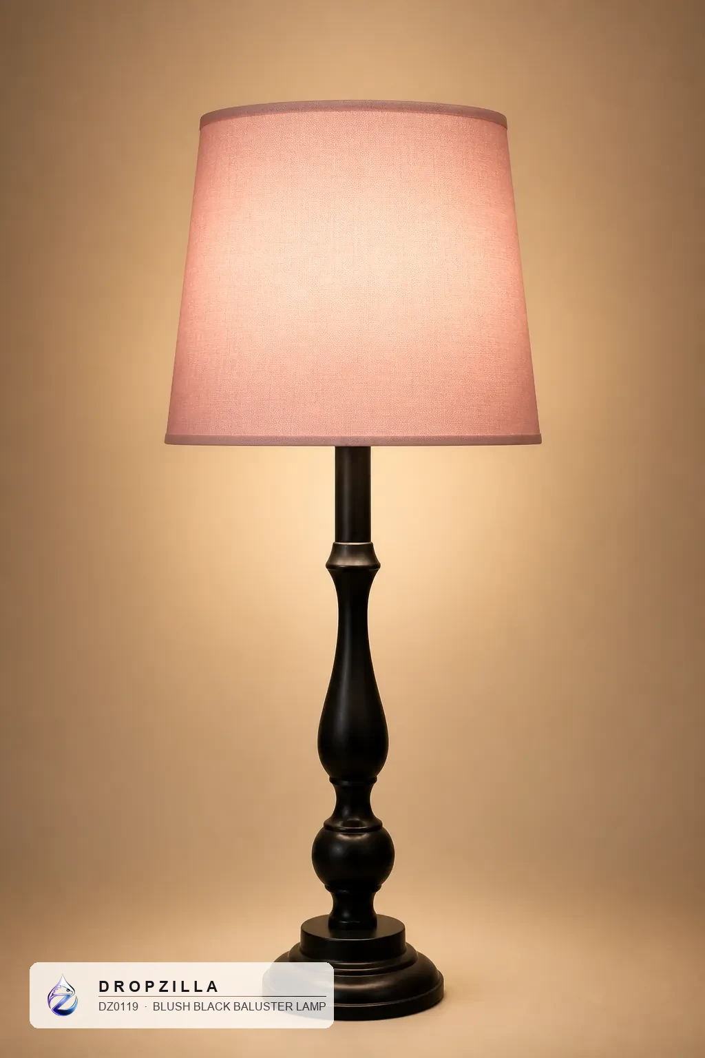 Blush Black Baluster Lamp — Table & Floor Lamps — Black baluster brass, round foot (brass or aluminium, black finish), plus a fabric drum shade — Dropzilla
