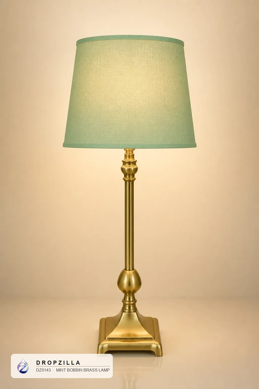 Mint Bobbin Brass Lamp — Table & Floor Lamps — Brass & aluminium with a golden finish, plus a fabric drum shade — Dropzilla