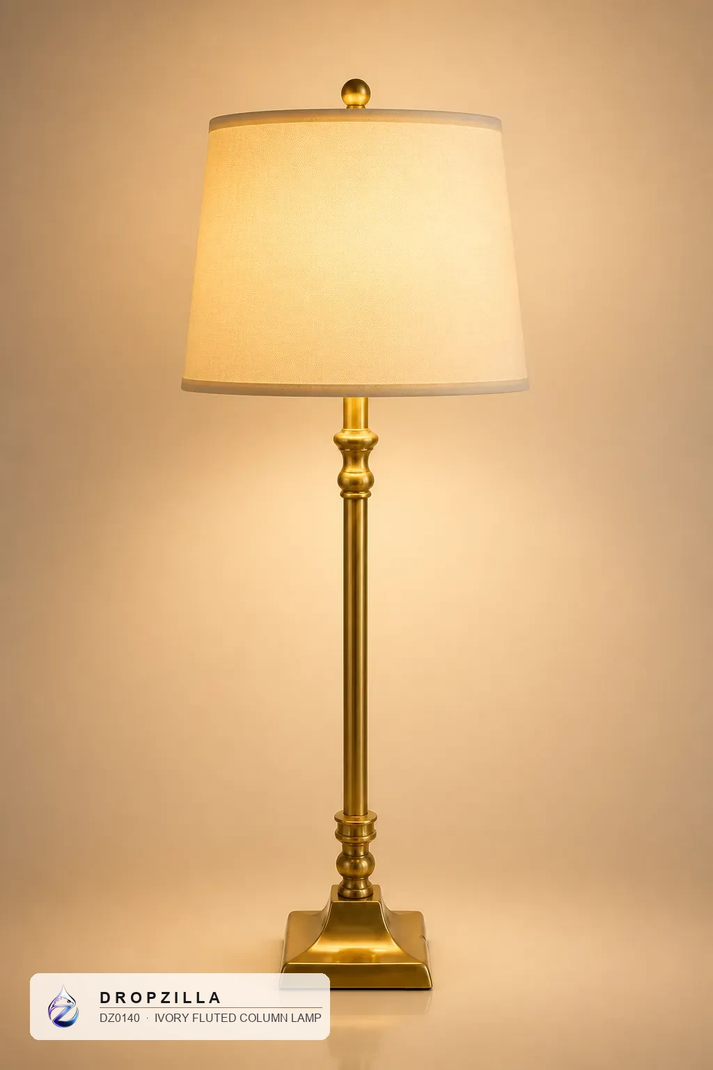 Ivory Fluted Column Lamp — Table & Floor Lamps — Brass & aluminium with a golden finish, plus a fabric drum shade — Dropzilla
