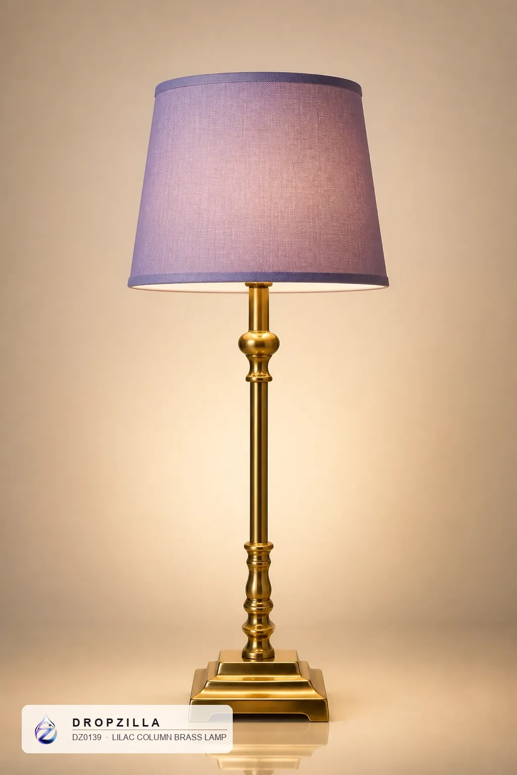 Lilac Column Brass Lamp — Table & Floor Lamps — Brass & aluminium with a golden finish, plus a fabric drum shade — Dropzilla