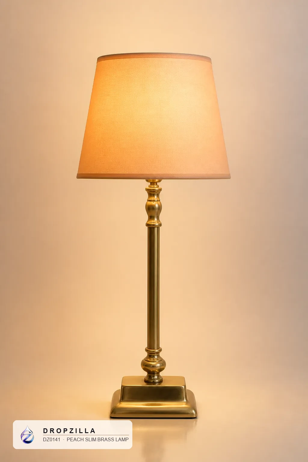 Peach Slim Brass Lamp — Table & Floor Lamps — Brass & aluminium with a golden finish, plus a fabric drum shade — Dropzilla