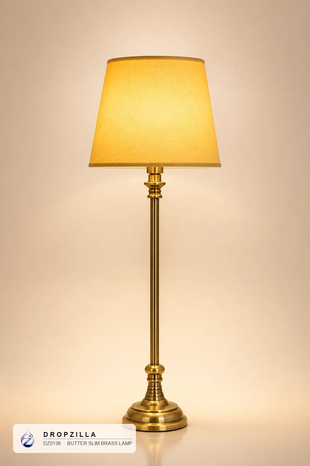 Butter Slim Brass Lamp — Table & Floor Lamps — Brass & aluminium with a golden finish, plus a fabric drum shade — Dropzilla