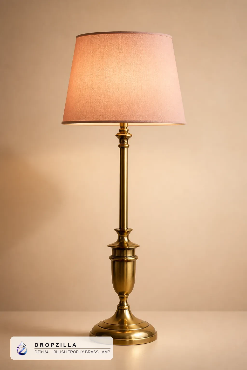 Blush Trophy Brass Lamp — Table & Floor Lamps — Brass & aluminium with a golden finish, plus a fabric drum shade — Dropzilla