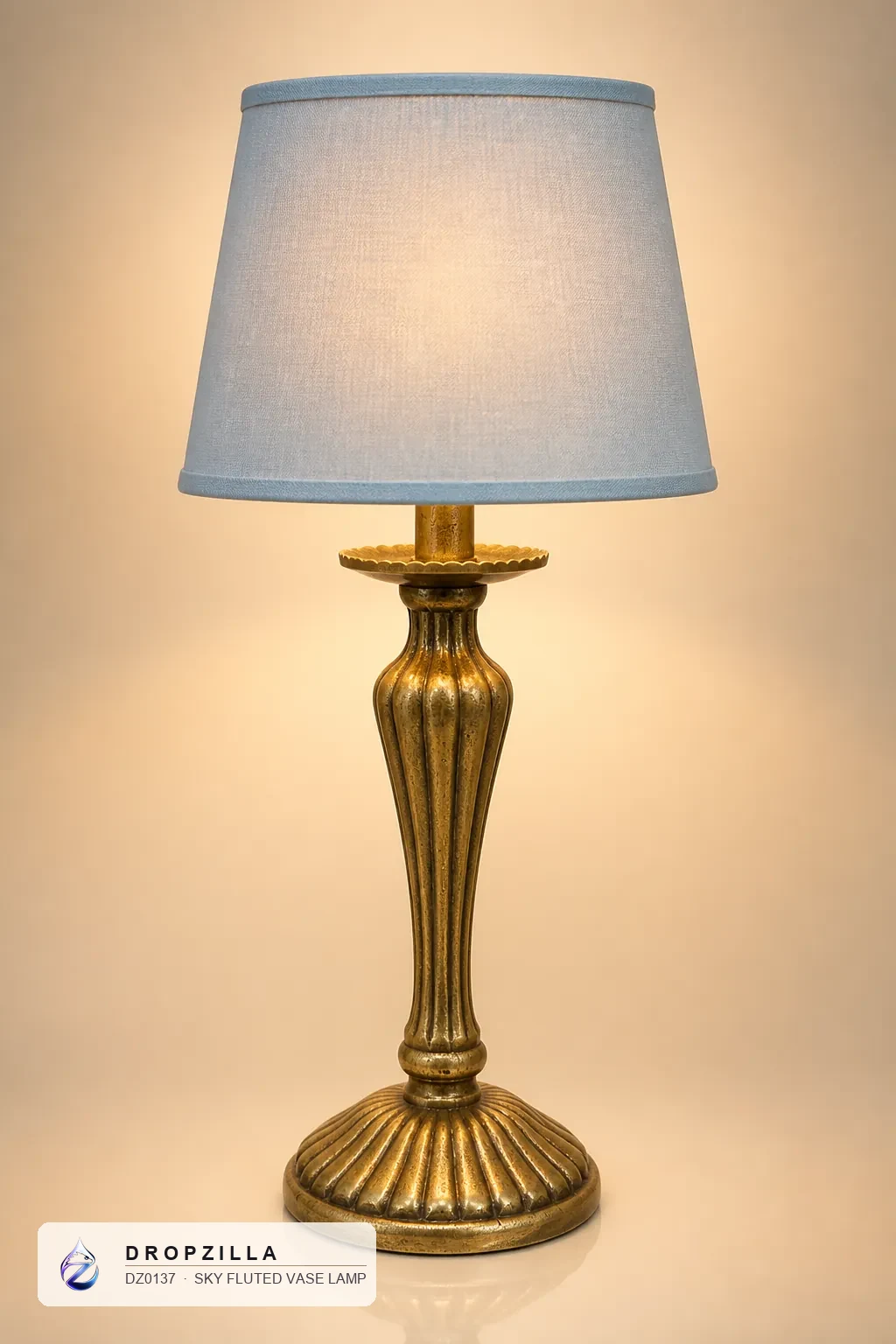 Sky Fluted Vase Lamp — Table & Floor Lamps — Brass & aluminium with a golden finish, plus a fabric drum shade — Dropzilla