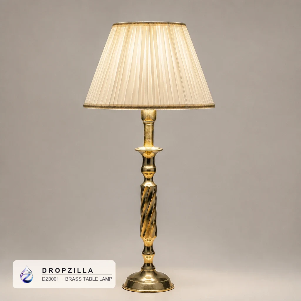 Brass Table Lamp — Table & Floor Lamps — Turned brass base with a pleated fabric shade — Dropzilla