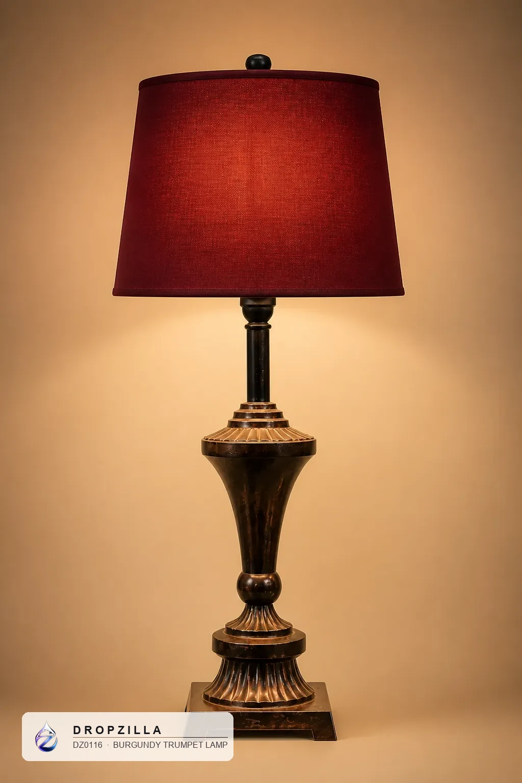 Burgundy Trumpet Lamp — Table & Floor Lamps — Brass fluted urn / trumpet column (aluminium & brass, golden coating), plus a fabric drum shade — Dropzilla