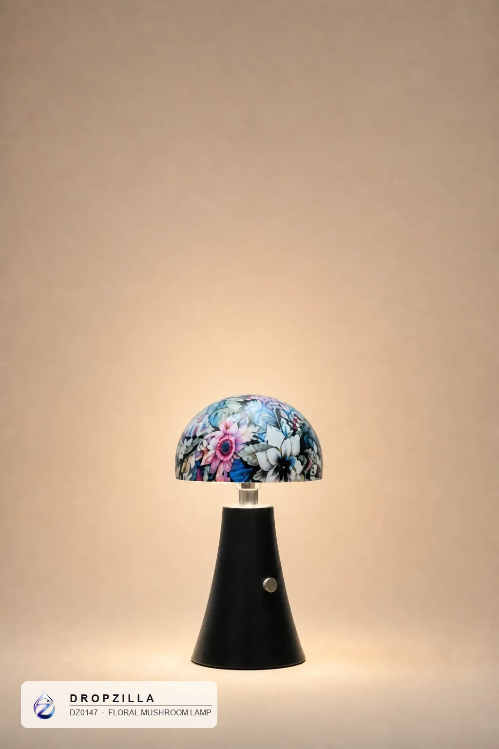 Floral Mushroom Lamp — Accent Lamps — Floral fabric dome on a dark conical base, rechargeable LED — Dropzilla
