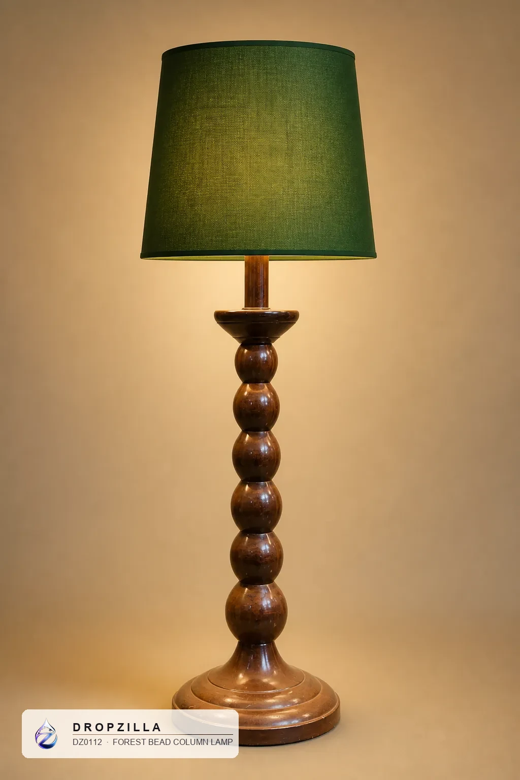 Forest Bead Column Lamp — Table & Floor Lamps — Brass stacked-bead / bobbin column (aluminium & brass, golden coating), plus a fabric drum shade — Dropzilla