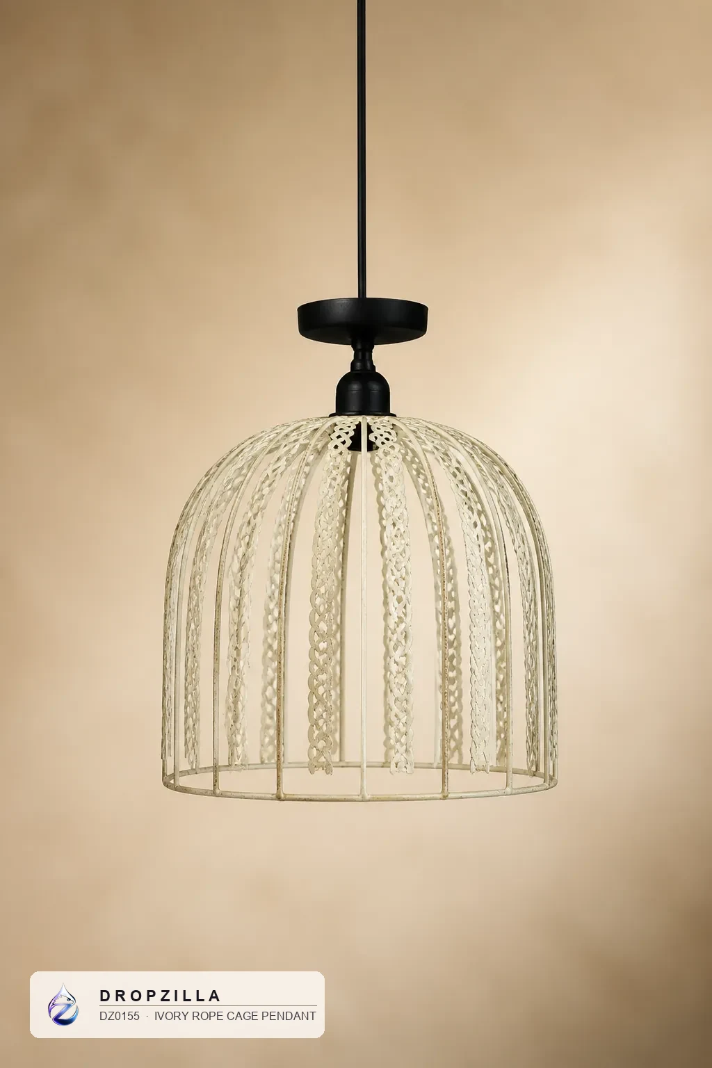 Ivory Rope Cage Pendant — Pendant Lights — Ivory-cream iron with braided metal ribs — Dropzilla