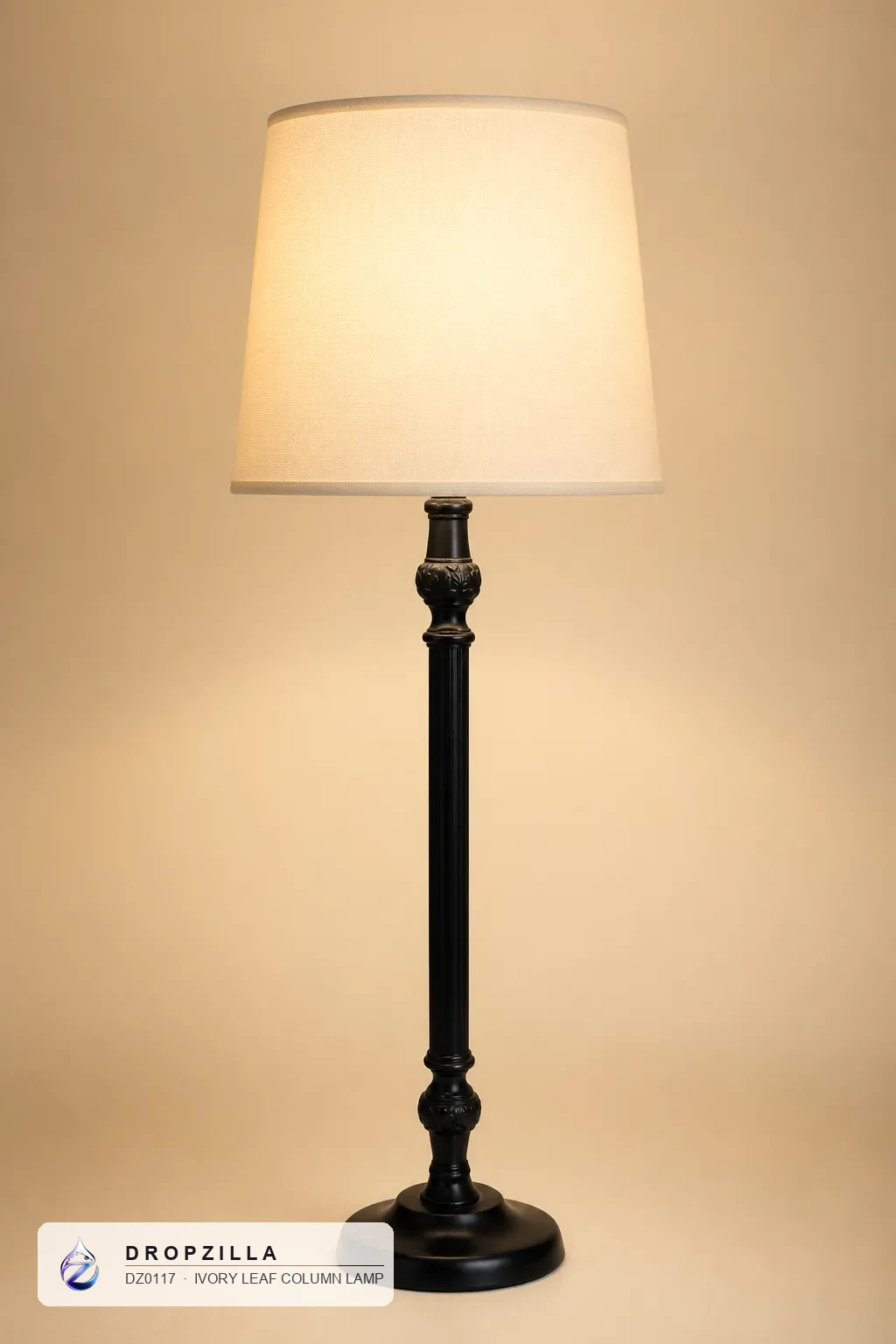 Ivory Leaf Column Lamp — Table & Floor Lamps — Black fluted brass column with leaf motif (brass or aluminium, black finish), plus a fabric drum shade — Dropzilla
