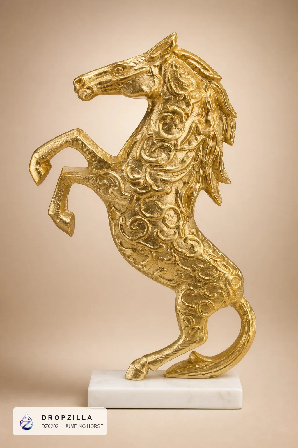 Jumping Horse — Home Decor — Cast aluminium with a gold filigree finish, white marble base — Dropzilla