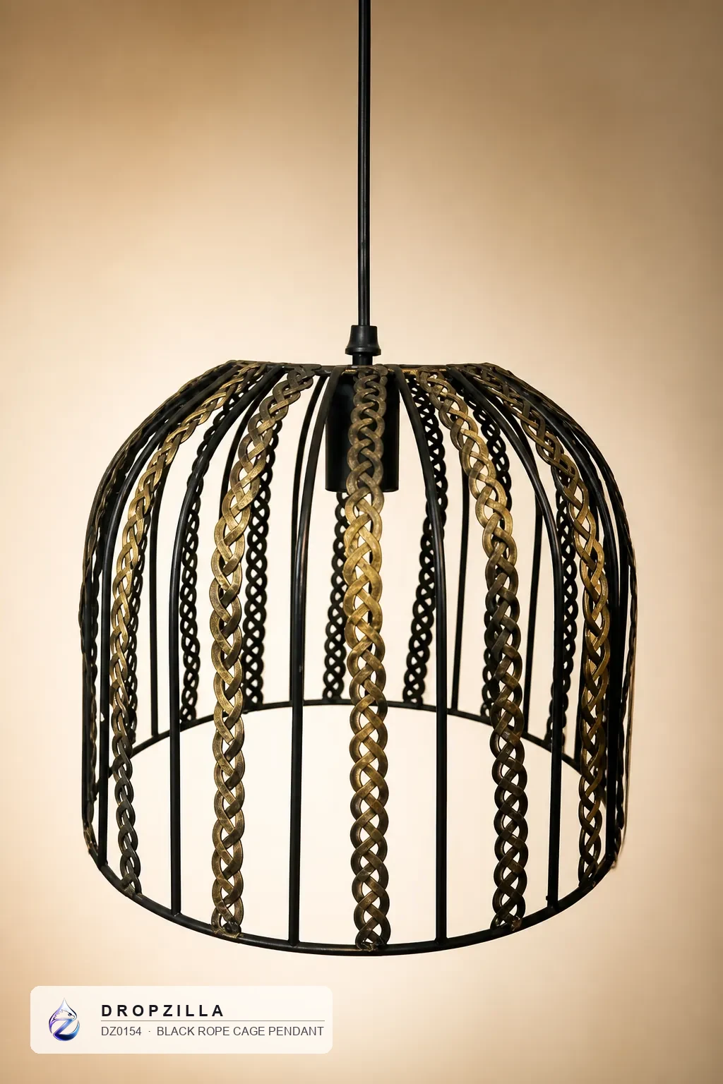 Black Rope Cage Pendant — Pendant Lights — Black iron with antiqued-gold braided metal bands — Dropzilla