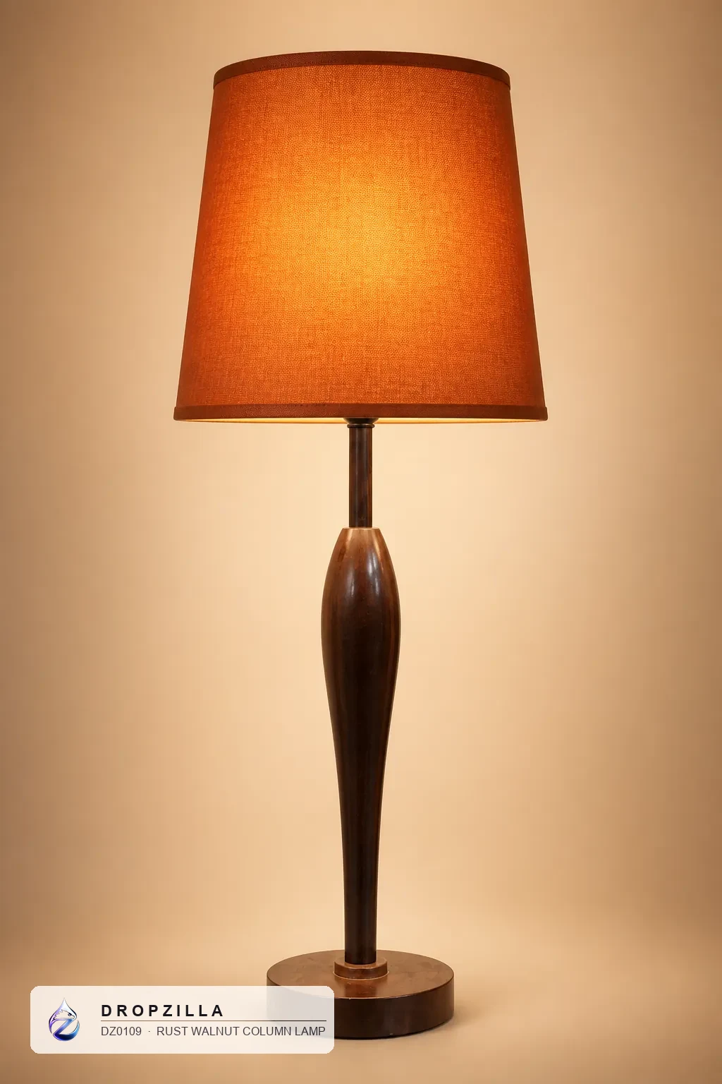 Rust Walnut Column Lamp — Table & Floor Lamps — Walnut sculptural teardrop wood column, plus a fabric drum shade — Dropzilla
